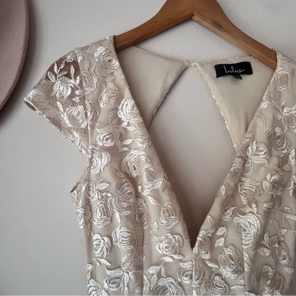 LULUS Jacqueline Champagne Floral Embroidered Backless Midi Dress SIZE SMALL - Picture 10 of 12